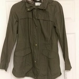 Olive green field jacket with detachable hood